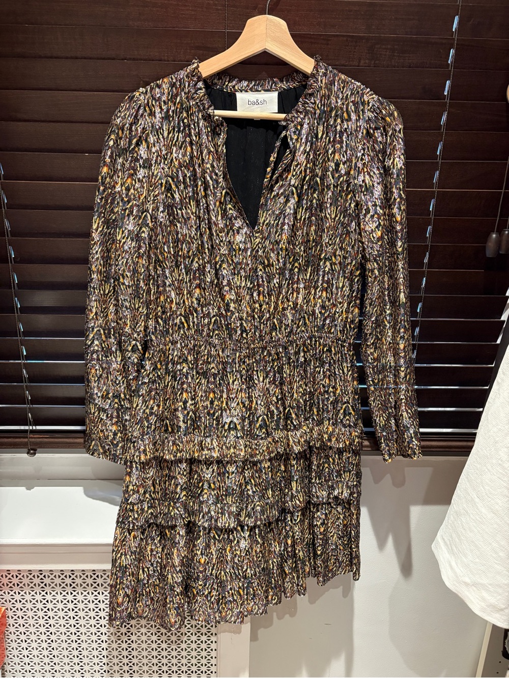 ba&sh Black Multi-Print Tiered Long-Sleeve Mini Dress